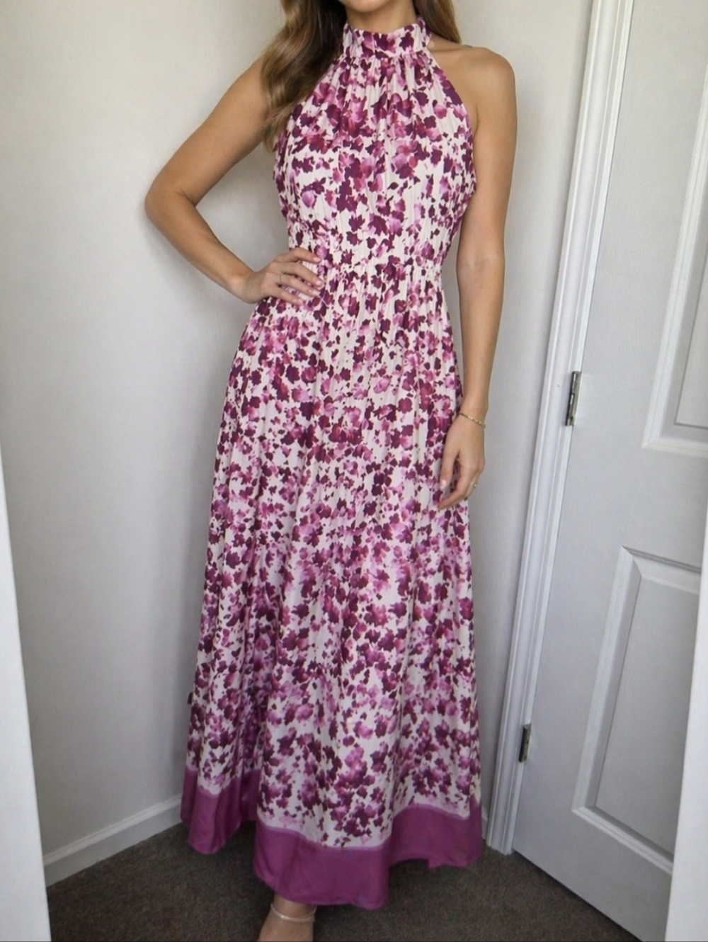 Womens Melonie T Fuchsia‎ Magenta Ivory Floral Maxi Dress(Size 6)